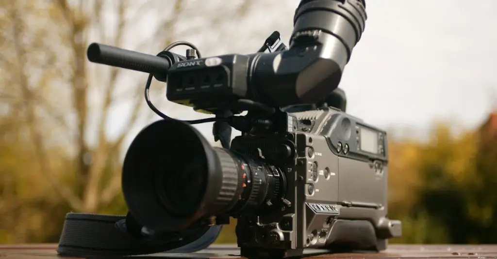 High-quality broadcast camera set outdoors, ideal for media and videography projects.