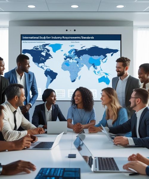 international study form where people from across the world can join and learn about industries requirement and standers people in a confrence room in runt of digital sharing plateform